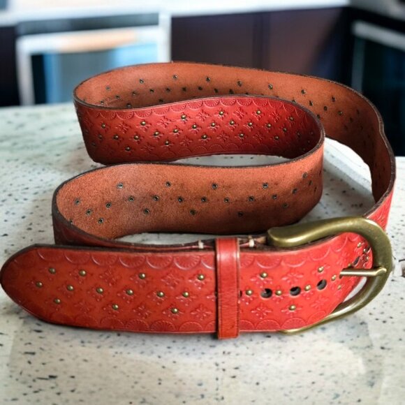LAUREN RALPH LAUREN (M/L)  Leather Boho Buckle Belt w Studded and Tooled Floral - Picture 4 of 6